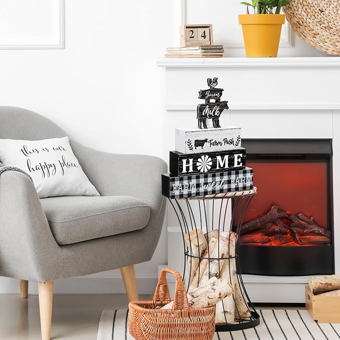 Geelin 4 Pcs Farmhouse Kitchen Signs Cow Rooster and Pig Decors Rustic Wooden Signs Country Table Centerpiece Tiered Tray Decor Table Top Sign for Home Kitchen