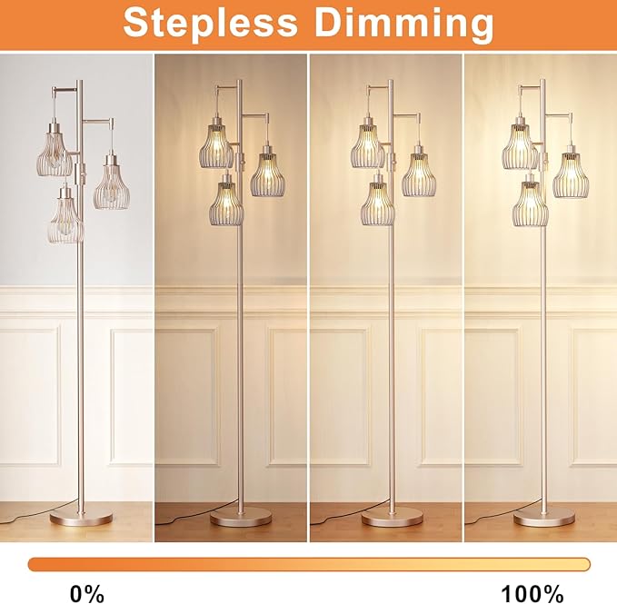 Dimmable Floor Lamps for Living Room, Industrial Tree Standing Tall Lamps with 3 Elegant Cage Shade & 650 Lumens LED Bulbs for Bedroom Office - Light Gold