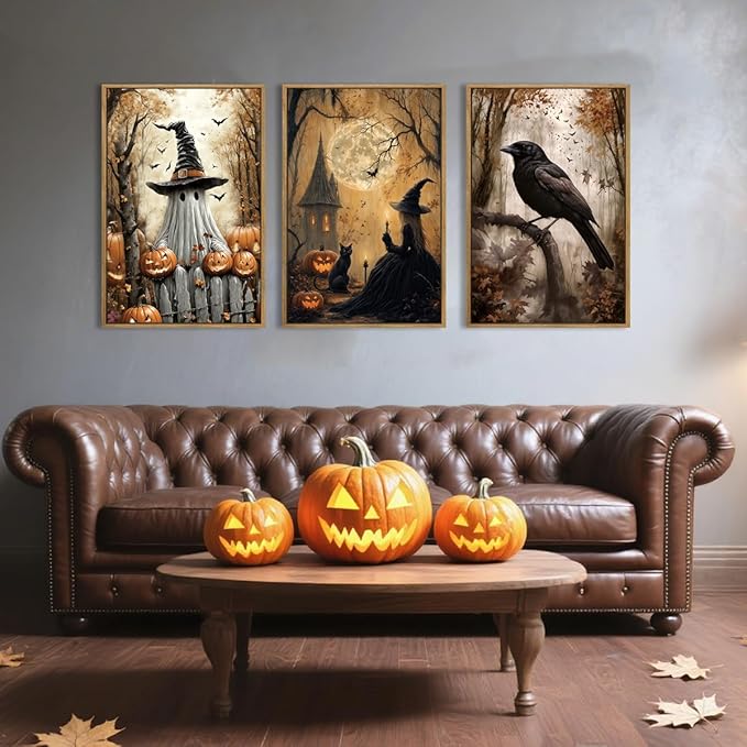 ANHUIB Large Halloween Wall Art Spooky Ghost Witch Wall Decor Black Cat with Crow Painting 16x24 Inch Set of 3 for Living Room Bedroom