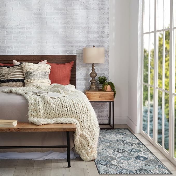 Lahome Moroccan Trellis Kitchen Runner Rug, 2x5 Washable Runners for Hallways Non Slip, Rubber Backing Ultra-Thin Vintage Carpet for Entryway Bedroom Bathroom, Blue