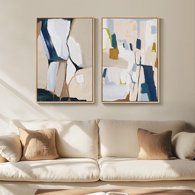 Framed Neutral Abstract Wall Art for Bedroom, 2 Piece Beige and Navy Blue Modern Minimalist Canvas Prints Paintings Artwork for Walls, Colorful Pictures for Living Room Dining Room Wall Decor 16x24 In