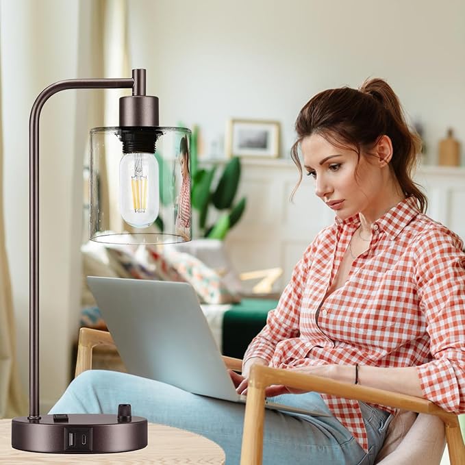Set of 2 Oil Rubbed Bronze Table Lamps with USB C+A Ports and Outlet, Fully Stepless Dimmable Bedside Lamps, Industrial Desk Lamps with Clear Glass Shade for Living Room (2 LED Bulb)