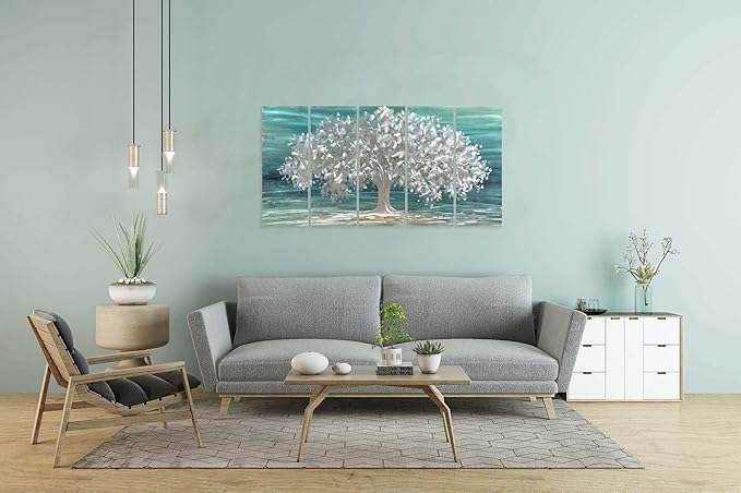 Yihui Arts Tree Of Life Metal Wall Art Handcrafted Aluminum Artwork Teal and Silver Abstract Nature Pictures in 5 Pieces for Living Room Bedroom Bathroom Decor