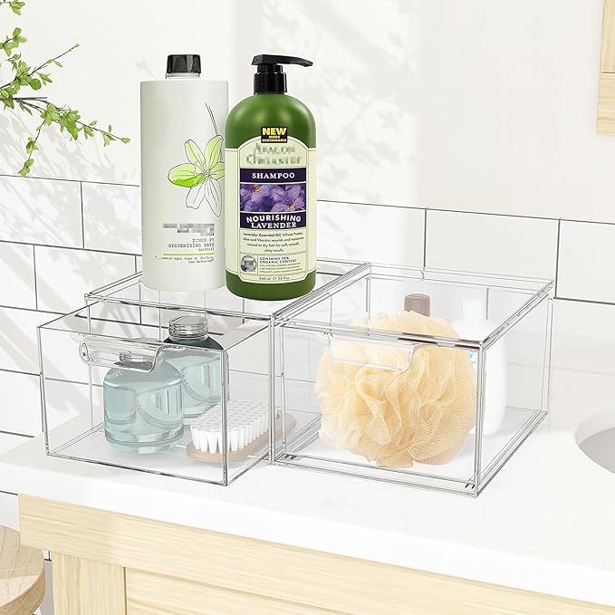 4 Pack Stackable Makeup Organizer and Storage, Acrylic Organizers，Clear Plastic Storage Drawer with Handles for Vanity, Undersink, Kitchen Cabinets, Pantry