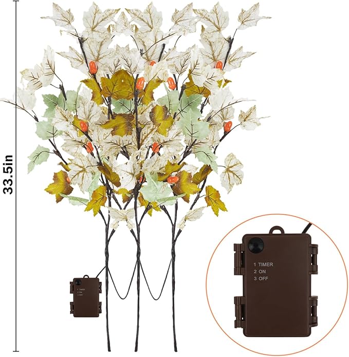 3 Pack Artificial Fall Maple Leaves Stems with 15 Acorn 60 LED Lights Battery Operated Lighted Autumn Maple Branches for Vases Fall Home Thanksgiving Table Decoration