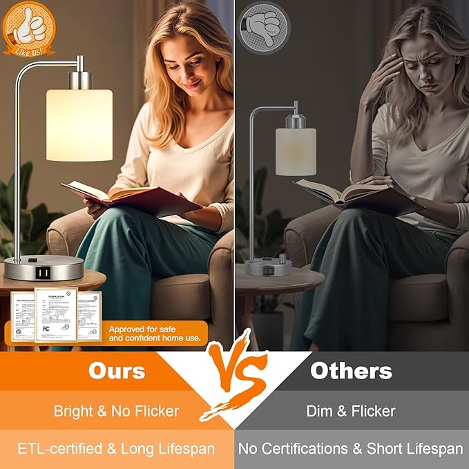 Set of 2 Industrial Touch Control Table Lamps with 2 USB Ports and AC Outlet - 3-Way Dimmable Nickel Bedside Lamp Nightstand Desk Lamps for Bedroom Living Room, Opal Glass Shade & 2 LED Bulbs Included