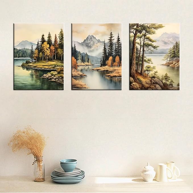 Landscape Canvas Wall Art Abstract Mountain Forest Posters Print Beautiful Scenery Picture Painting Wall Decor Artwork for Modern Home Bathroom Kitchen Women Room Stretched and Framed [36''W x 16''H]