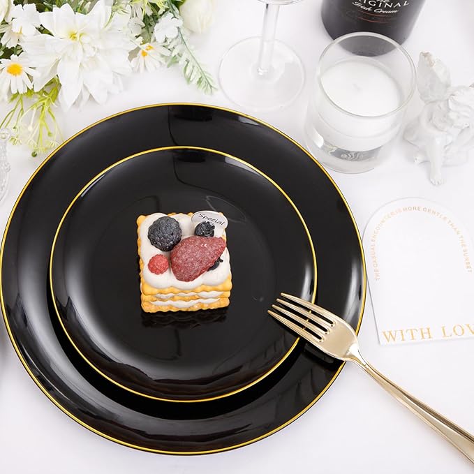 YOUBET 125PCS Black and Gold Plastic Plates - Black Disposable Plates With Gold Rim - Includes 25 Dinner Plates, 25 Dessert Plates, 75 Gold Cutlery for Wedding & Birthday Party Halloween