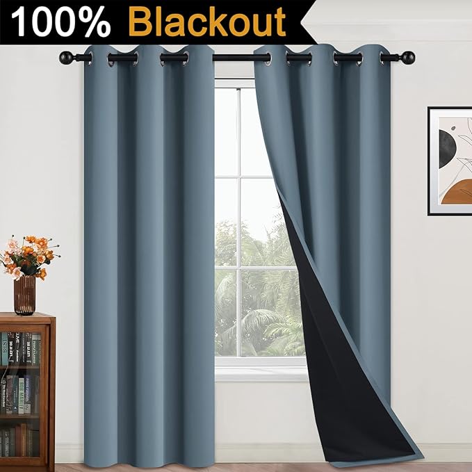 Yakamok Full Blackout Curtains 84 Inches Long,Blackout Curtain Panels for Bedroom, 2 Thick Layers Grommet Top Thermal Insulated Drapes with Black Liner for Living Room(Stone Blue, Set of 2)