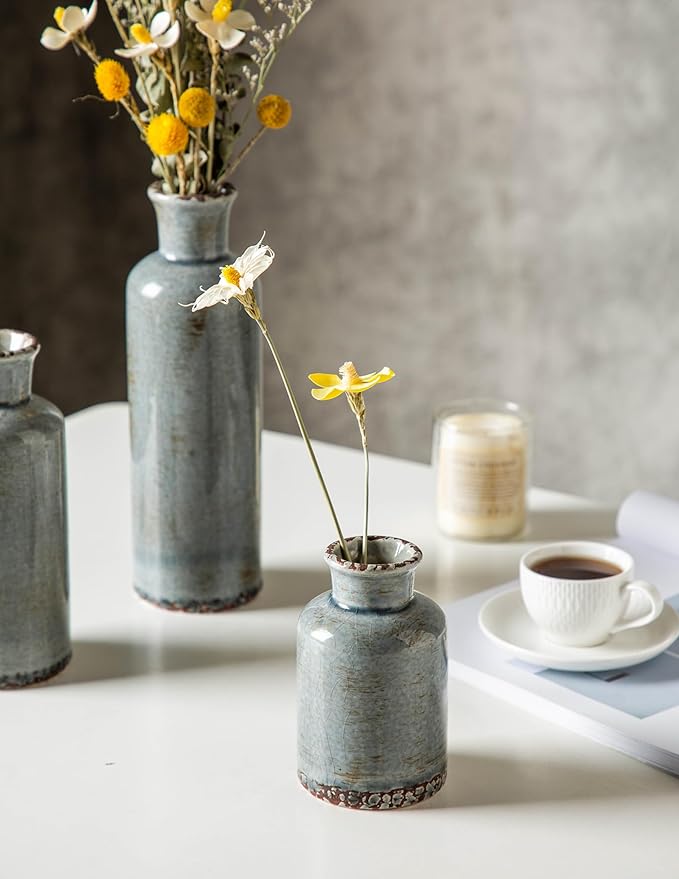 CwlwGO- Ceramic Rustic Vintage Blue Vase, Suitable for Home Decoration, 3 Piece Set of Glazed Decorative Vases, Kitchen, Bedroom.Living Room Table,Shelf Decorations.