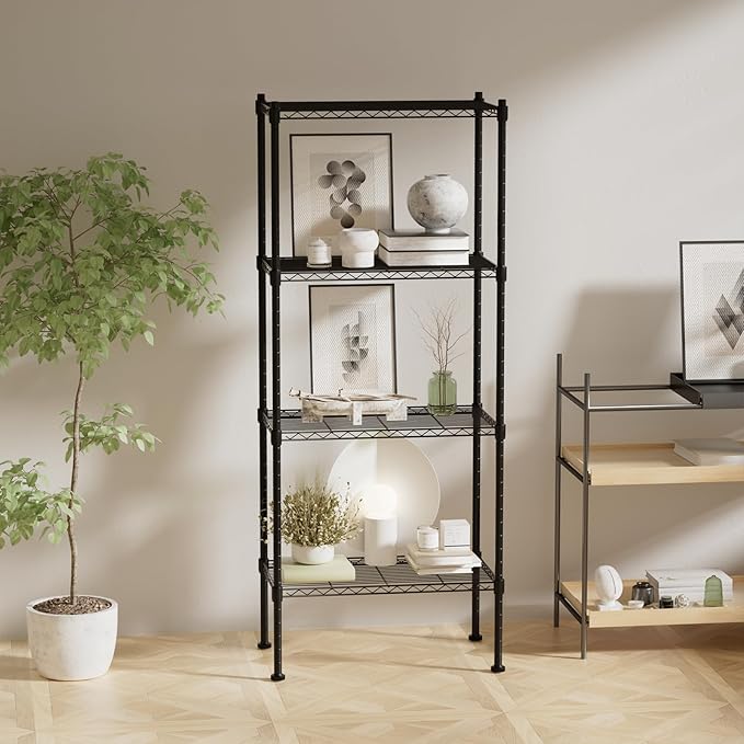 4 Tier Shelving Unit, 176 LBS Per Shelf Height Adjustable Narrow Storage Shelves, Heavy Duty Metal Garage Metal Shelves for Kitchen, Restaurant, Pantry, Laundry, Black