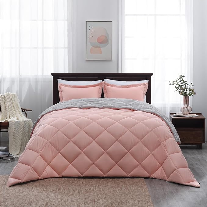 Basic Beyond King Size Comforter Set - Pink King Size Comforter Set, Reversible King Bed Comforter Set for All Seasons, Baby Pink/Grey, 1 Comforter (104"x92") and 2 Pillow Shams (20"x36"+2")