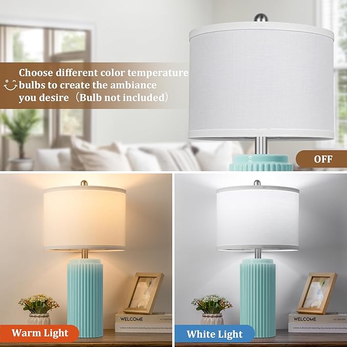 23.5’’ Light Green Coastal Table Lamps for Bedroom Set of 2, Modern Ceramic Nightstand Lamps for Living Room, Elegant Bedside Lamps with White Line Shade Set for Reading, Farmhouse Side Table Lamps