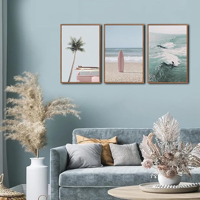 CHDITB Ocean Beach Framed Canvas Wall Art Set, Coastal Surfboard Wall Decor,Summer Coconut Tree Sea Wall Painting, Modern Surfing Art Prints for Living Room, Bedroom, Office- Large Size 24"x36"x3