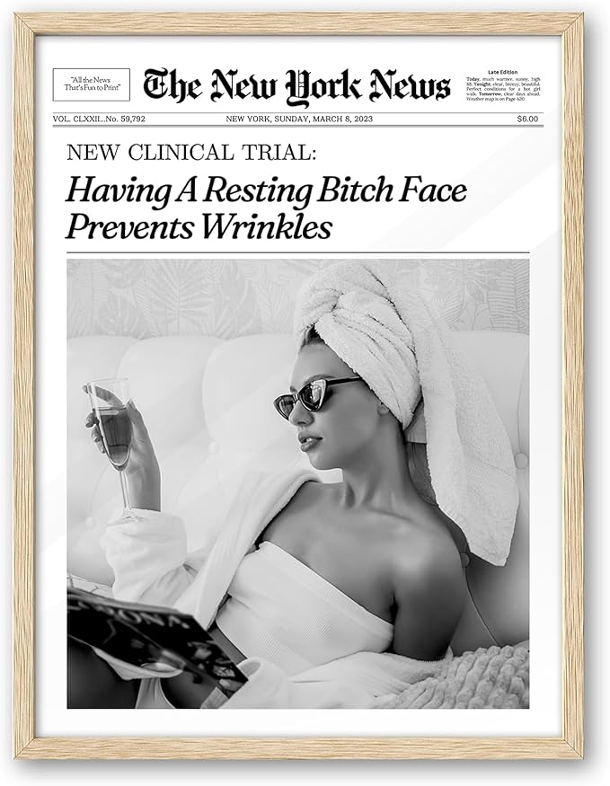 iHery Having A Resting Bitch Face Prevents Wrinkles Newspaper Headline Framed Wall Art, Natural OAK Wood Trendy 12x16 in Vintage Canvas Print For Bedroom, Wall Décor Living Room Bathroom Set of 1