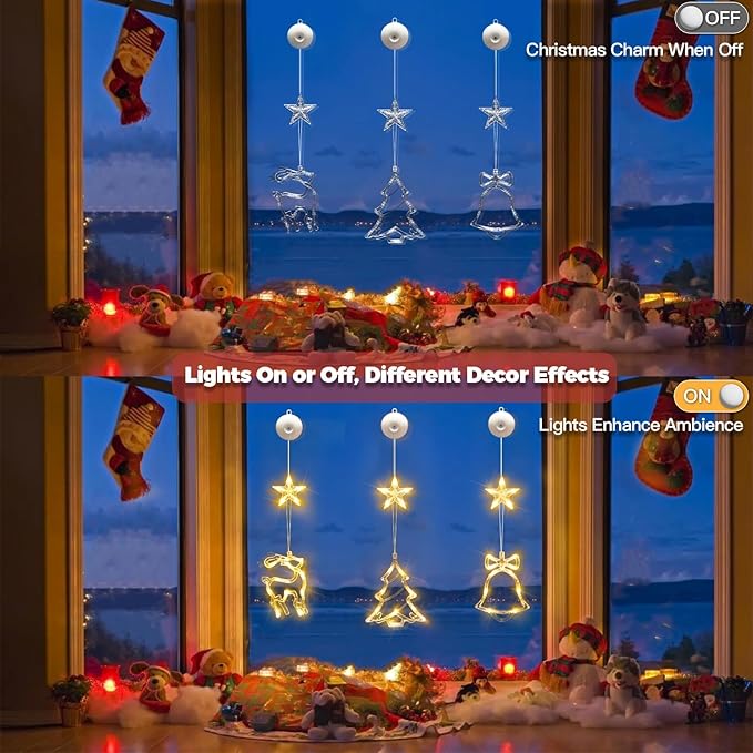 suddus Christmas Window Lights Decorations, 3Pcs Tree-Jingle Bell-Deer Shaped Xmas Lights Battery Powered with Suction Cups & Timer, Hanging String Lights Indoor for Tree, Fireplace, Warm White