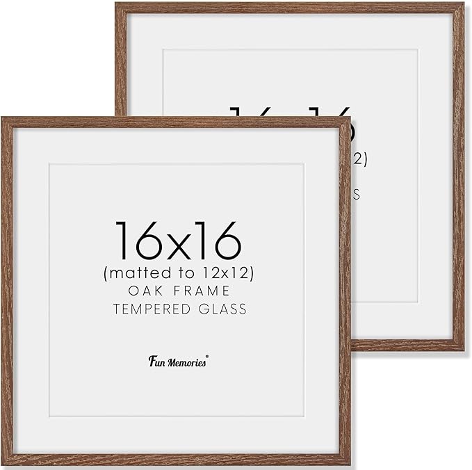 16x16 Picture Frames, Solid Oak Wood Photo Frame 16 by 16, Rustic Wooden Square Picture Frame with Tempered Real Glass, 16 x 16 Square Frame Matted to 12 x 12, Walnut Color, Set of 2