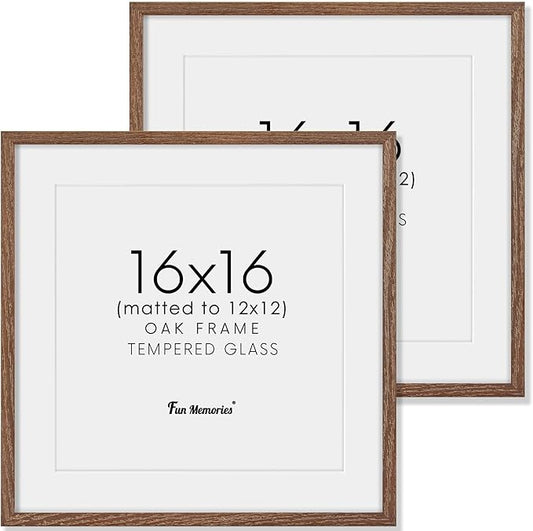 16x16 Picture Frames, Solid Oak Wood Photo Frame 16 by 16, Rustic Wooden Square Picture Frame with Tempered Real Glass, 16 x 16 Square Frame Matted to 12 x 12, Walnut Color, Set of 2
