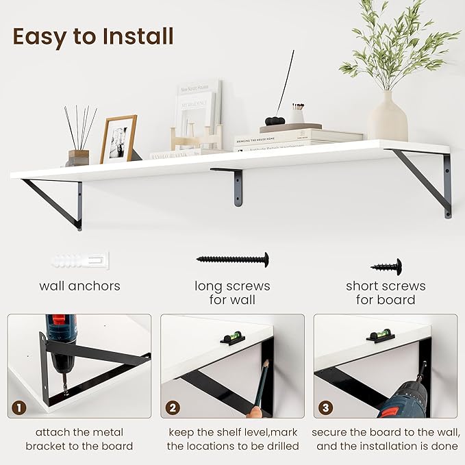 Fun Memories Deep Floating Shelves for Wall, 55W x 8D Wall Mounted Shelves Set of 2, Wide Display Ledge Shelf with Sturdy Metal Brackets for Living Room, Bathroom, Bedroom and Kitchen, White