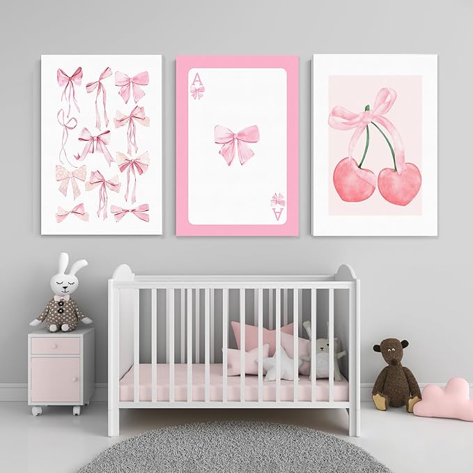 WRFON Trendy Pink Bows Canvas Wall Art, Vintage Preppy Cherry Poster Prints, Pink Watercolor Bows Wall Decor, Coquette Girly Room Aesthetic Pictures for College Apartment Bedroom Framed 16"x24"x3
