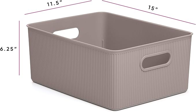 Superio Ribbed Collection - Decorative Plastic Lidded Home Storage Bins Organizer Baskets, Large Taupe (1 Pack - 15 Liter) Stackable Container Box, for Organizing Closet Shelves Drawer Shelf