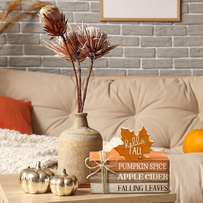 4 Pcs Fall Decorations for Home Fall Tiered Tray Decor Thanksgiving Wood Book Stack with Sign Autumn Stacked Book Decor Bundle for Office Table Shelf Decorative Trays(Maple Leaf)