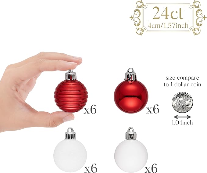 Valery Madelyn 1.57 Inches Small Christmas Tree Decorations Ornament Set for 4th of July Fall Halloween, 24ct Red and White Shatterproof Hanging Ball Ornaments Holiday Party Decor