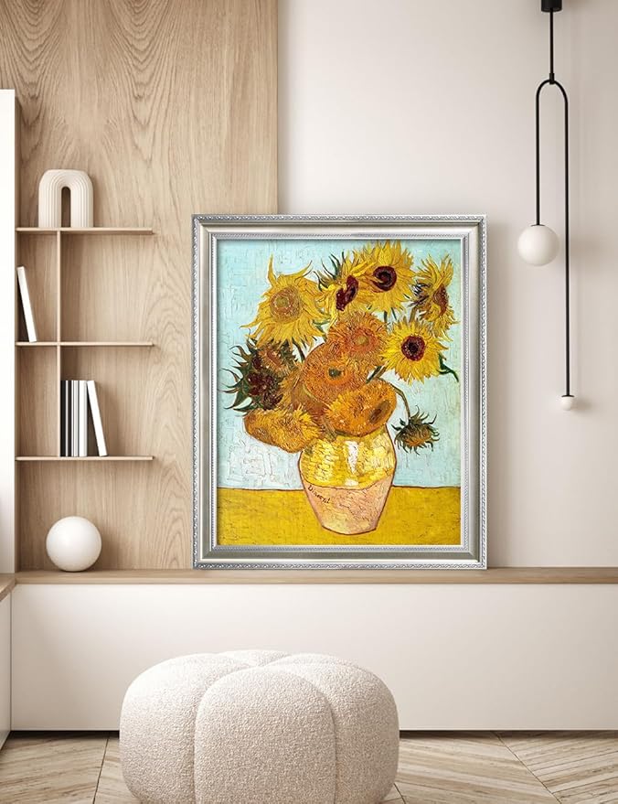 DECORARTS - Twelve Sunflowers by Vincent van Gogh, Museum-Quality Giclee Canvas Print with Silver Solid Wood Frame, 34.75 x 28.75 in, Ready to Hang, Made in USA