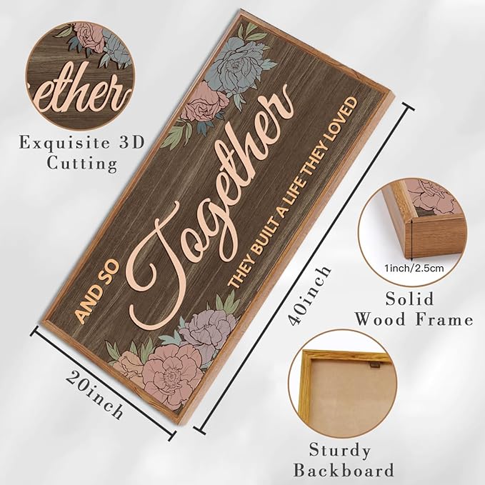 ANHUIB Large 3D Quote Wood Wall Art 20x40 Inch Framed Brown Wooden Signs Home Decor They Built a Life They Loved Inspirational Artwork Floral Wall Art for Living Room Bedroom Office