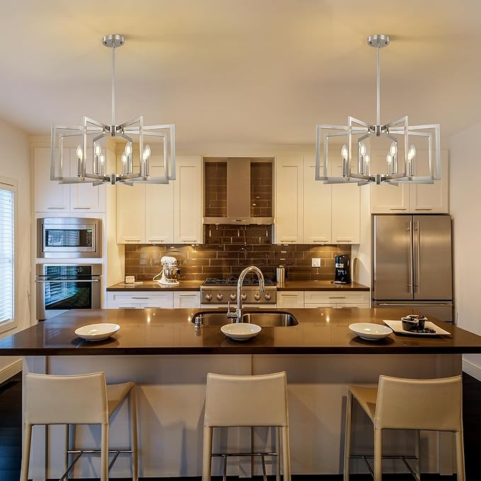8-Light Large Brushed Nickel Chandeliers for Dining Room，Modern Industrial Pendant Lights Kitchen Island，Farmhouse Entryway Light Fixtures，Metal Geometric Chandelier for Living Room