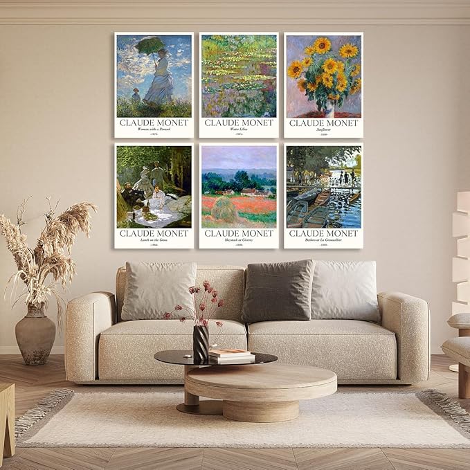 COSCTOR Set of 6 Claude Monet Wall Art Decor Canvas Vintage Famous Artist Retro Landscape Colorful Posters and Prints for Living Room Bathroom Bedroom Hallway Kitchen (Framed, 12x16)
