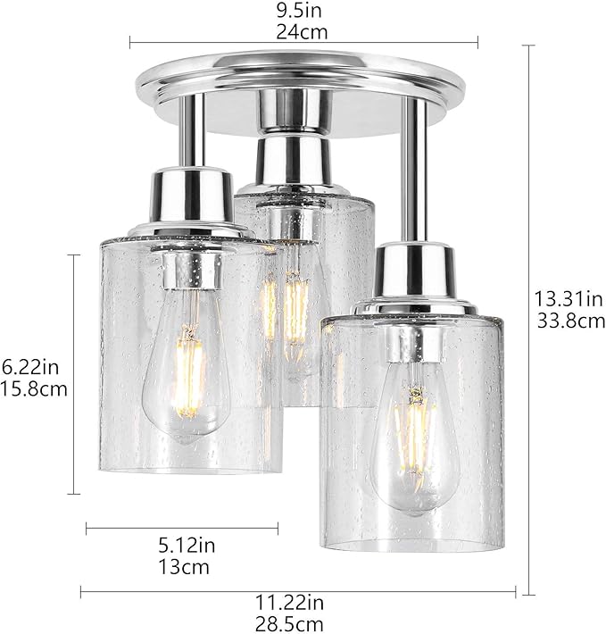 Semi Flush Mount Ceiling Light, 3-Light Close to Ceiling Light Fixtures, Electroplating Chrome Finish with Clear Seeded Glass Shade Chandelier Lighting for Stairs Porch Hallway Entryway Kitchen
