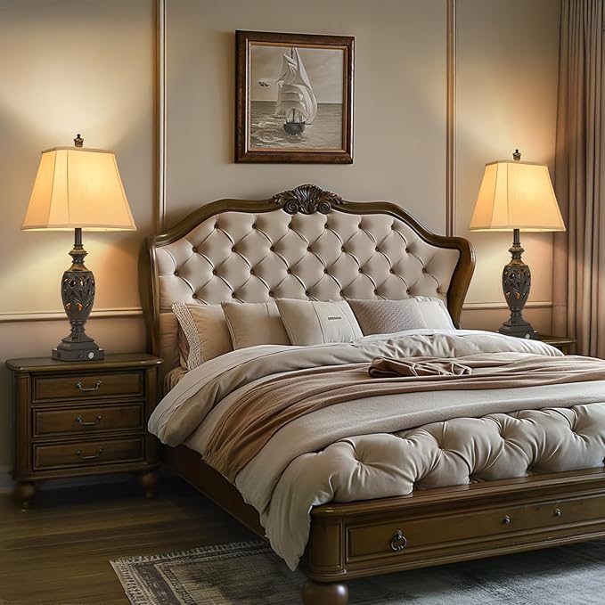 29.5" H Touch Traditional Table Lamp Set of 2,Vintage Bedside Nightstand Lamps with Dual USB and Night Light, 3-Color Hollow Out Leafwork Black Gold Finish Desk Lamps for Living Room,Bedroom