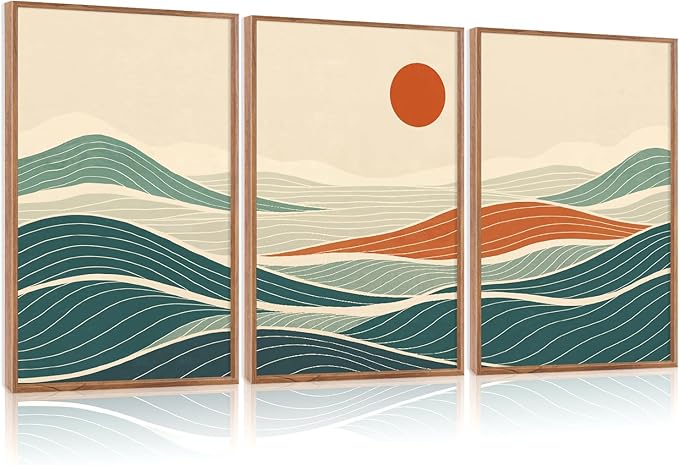 CHDITB Beach Sunrise Framed Canvas Wall Art Set, Ocean Waves Wall Decor, Coastal Artwork Spiritual Painting, Minimalist Modern Coastal Art Prints For Living Room, Bedroom, Office 24"x36"x3