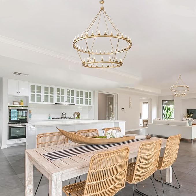 60 Inch Gold Wagon Wheel Chandelier, 2 Tier 54-Lights Large Farmhouse Chandeliers for High Ceilings, Extra Large Industrial Brushed Gold Pendant Lights for Foyer Hallway Dining Room Living Room