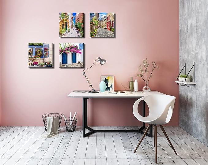 Italy Tuscan Wall Art, Colorful Nature Scenic Framed Pictures Canvas Prints, Modern Town Street Artwork Paintings for Living Room, Bedroom, Office Wall Decor