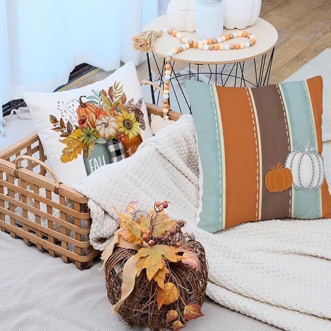 AACORS Fall Pillow Covers 20 x 20 Inch Set of 4, Pumpkin Vase Harvest Floral Pumpkin Spice Decorations Autumn Seasonal Pillow Case Decor for Sofa Couch AA560-20