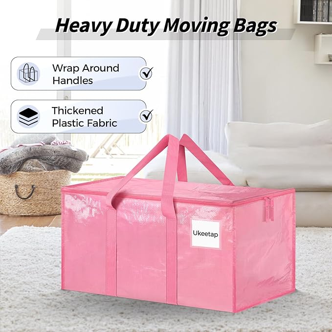 8 Pack Extra Large Heavy Duty Moving Bags, Pink Storage Bins with Lids, Reinforced Handles & Heavy-Duty Zippers Moving Boxes Storage Bags Totes for Clothes Packing, Dorms, College Supplies, Pink