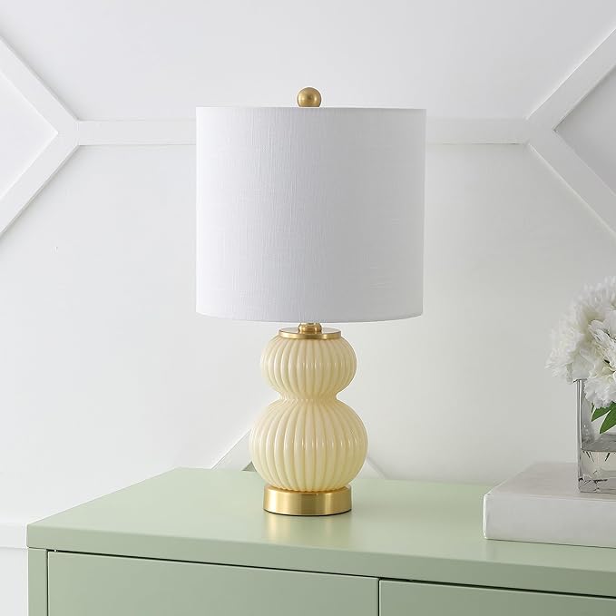 JONATHAN Y JYL1099G Daphne 20" Contemporary Transitional Metal/Glass Ribbed Gourd LED Table Lamp Bedroom, Living Room, Office, Dining Room, Ivory/Brass Gold