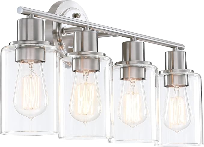 Brushed Nickel 4-Light Bathroom Light Fixture Over Mirror Sink, 4-Light Bathroom Vanity Lights Brushed Nickel Vanity Wall Sconce for Mirror