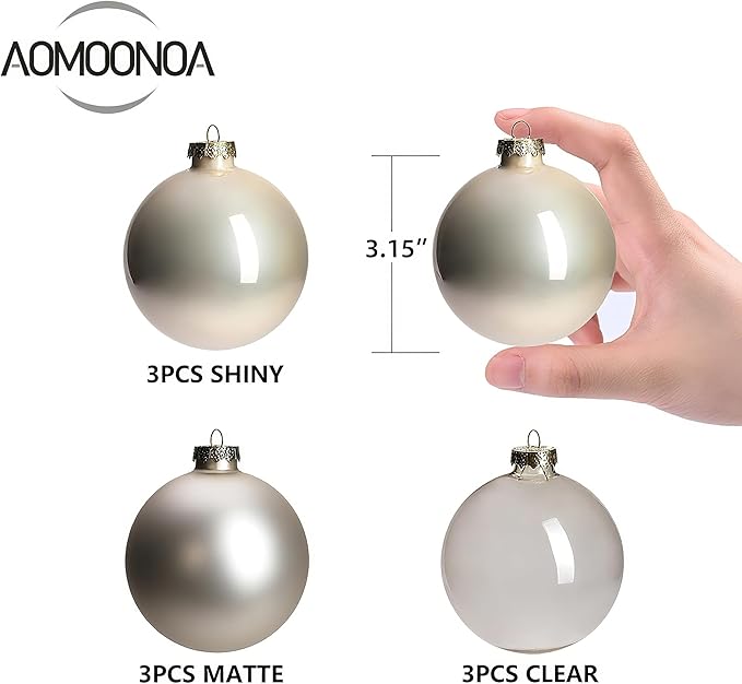 Champagne Ornaments for Christmas Tree Decoration, 3.15’’ Glass Ball Ornaments, Hanging Baubles Set of 9 with 3 Different Finishes, Plain Xmas Balls for Home Decor, Wedding Party Gift