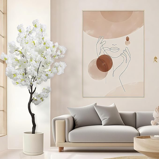 Large Artificial White Cherry Blossom 6ft(72in) Faux Floor Green Plant for Indoor Decor Natural Potted Tree Realistic Cherry Flowers Wood Trunk for Home Living Room,Office Perfect Housewarming Gift