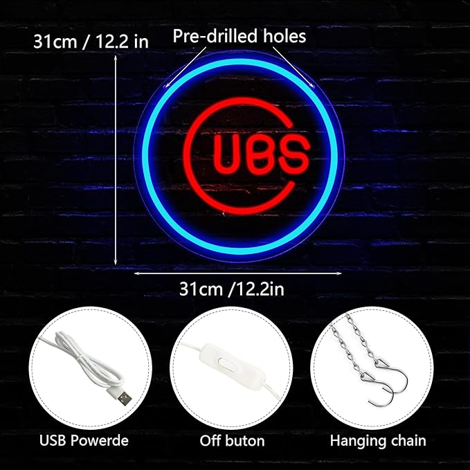 Balanar Cubs Neon Sign Baseball for Sport Club Wall Decor Baseball LED Sign Neon Light For Man Cave Garage Decoration Red Neon Sign For Bar,Dorm Room,Party DecorationGame Room Decoration