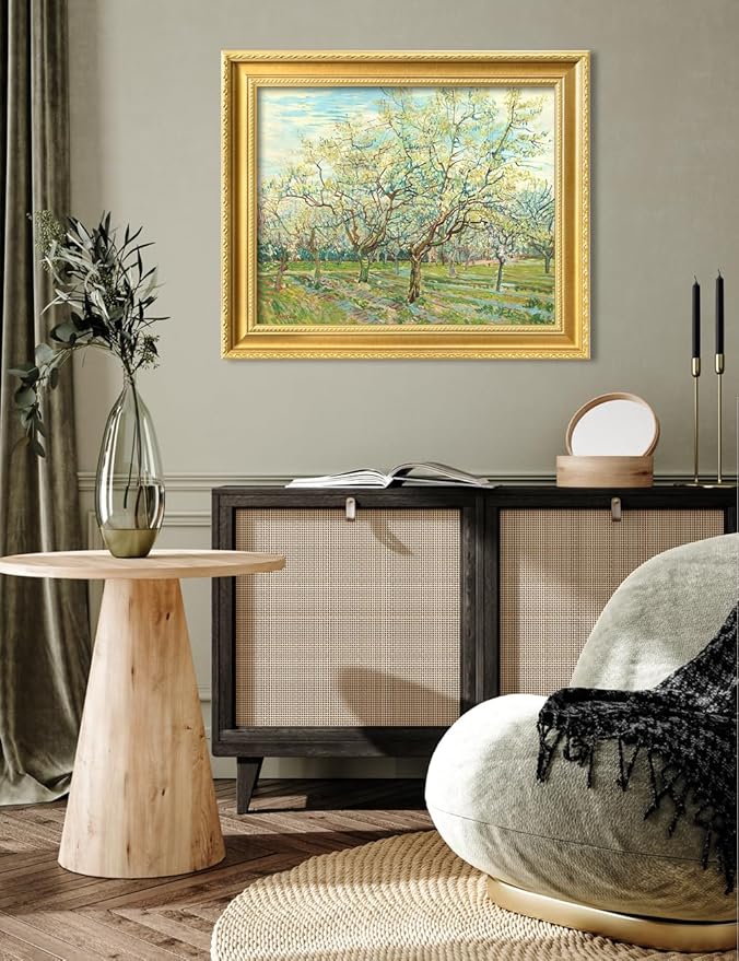 DECORARTS - The White Orchard by Vincent Van Gogh. Giclee Print on Acid-Free Canvas in Gold Solid Wood Frame. Picture Size: 20x16, Total Size: 24.75x20.75, Made in USA