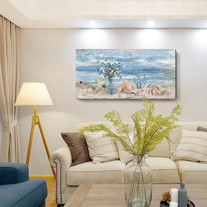 Large Canvas Wall Art for Living Room Seaside Painting Blue Sea View Ocean Theme Abstract Seascape Framed Artwork Coastal Beach Home Decor Daisy Flower in Indian Vase Picture Poster Print 24x48inch