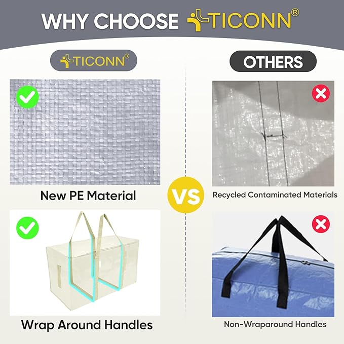 TICONN 2 Pack Extra Large Moving Bags with Zippers & Carrying Handles, Heavy-Duty Storage Tote Moving Boxes for Space Saving (2 Pack, Cream)