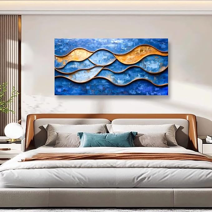 Abstract Pictures Canvas Wall Art for Living room Office Bedroom Wall Decor, Linear Wall Art Print Paintings Modern Blue Golden Abstraction Artwork Waterproof Ready to Hang-20x40inch