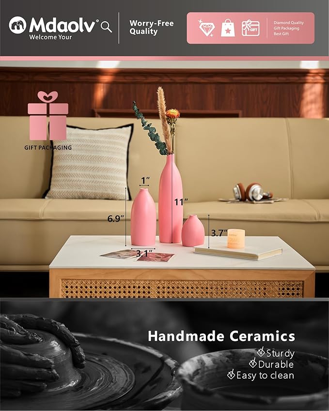 Matte Pink Vase Set of 3 - Modern Boho Aesthetic Bud Ceramic Vases Home Decor - Centerpieces Decor for Dining Table Living Room Coffee Table Bookshelf Mantle Entrance Console Decorations (Pink)