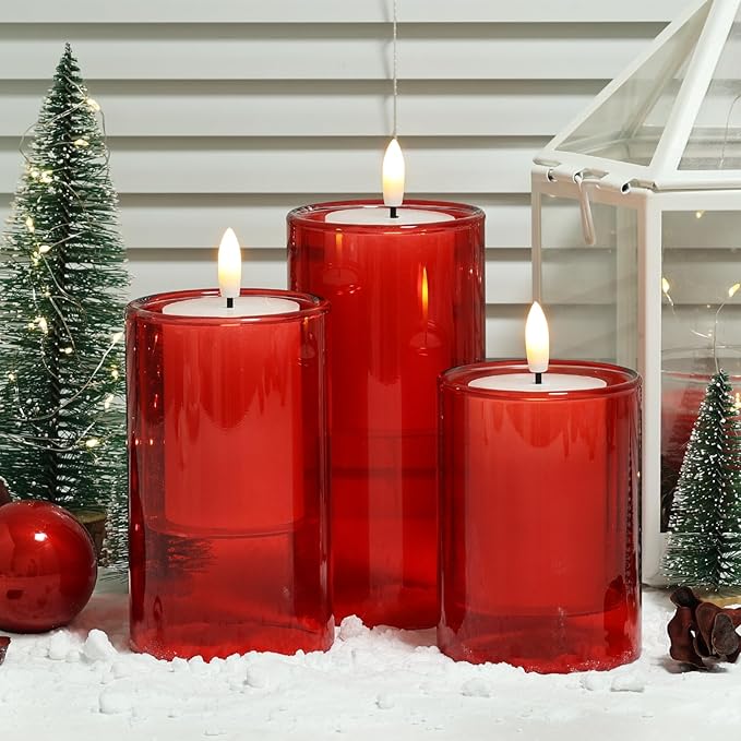 NURADA Flameless Candles with Remote Timer - Glass Real Wax 3D Wick LED Pillar Votive Candle Set Battery Operated Flickering Light for Christmas Home Wedding Party Decoration -Red 3 Pack