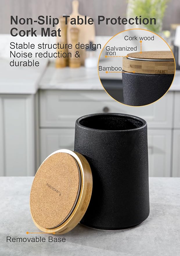 Nucookery 360° Rotating Utensils Holder, 8.2" Extra High Large Ceramic Kitchen Utensil Holder with Countertop-Protection Cork Bottom, Farmhouse Kitchen Decor for Counter (Stone Black)